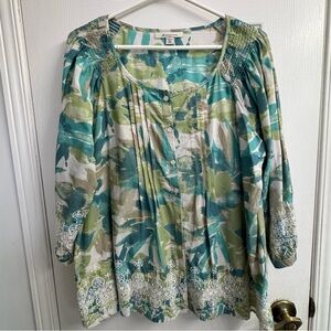 JM Collection Women's Teal and White Floral Boho Blouse - Size 14